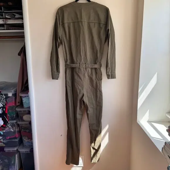 New Xirena Wylder Jumpsuit Olive Green Button Belted Pockets Straight Leg Sz M